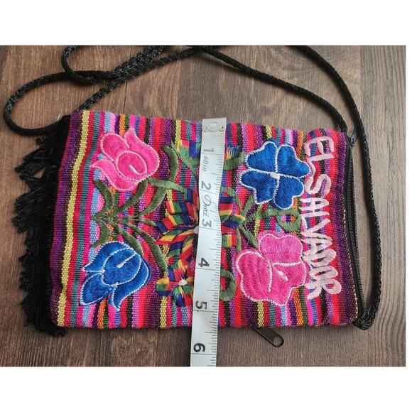 El Salvador Fringe Multicolored Woven Knit Bohemian Pouch Purse Crossbody - Picture 6 of 6
